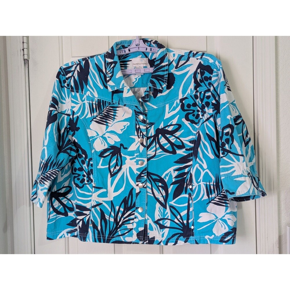 Drapers & Damons Denim Snap Jacket Shacket Womens 3XL Aqua Blue Hawaiian Pockets